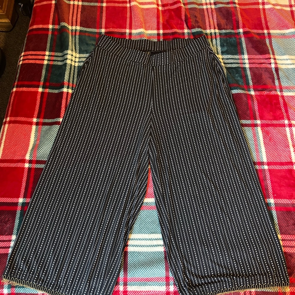 Rafaella Black and White Patterned Pants With Gold Beaded Fringe and Pockets